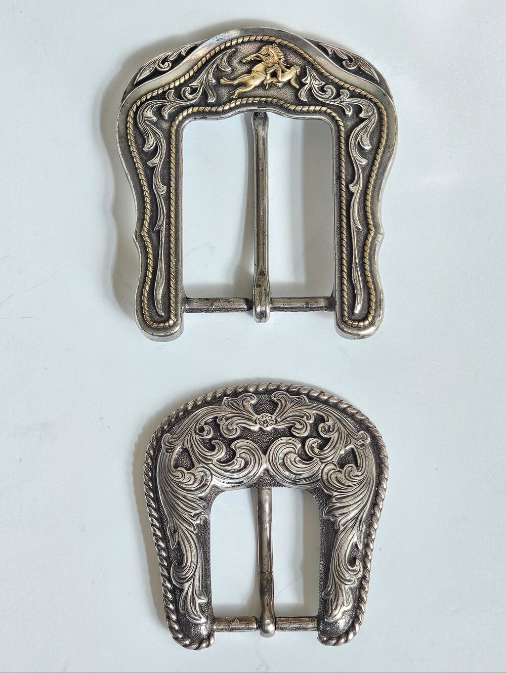 Vintage Western Belt Buckle Lot of 2 Taiwan Rodeo Cowboy Bronco Silver/Gold Tone